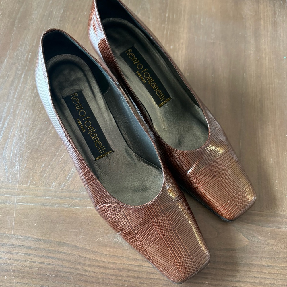 Renzo Fontanelli Firenze Brown Leather Square Toe Pumps Made in Italy Size 7.5B